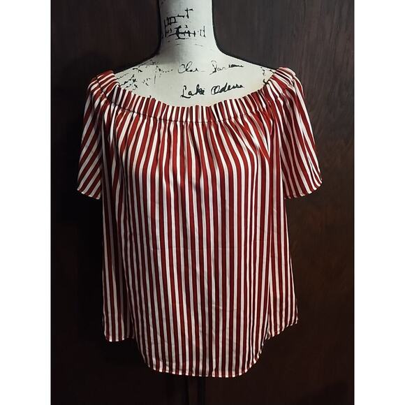 H&M Womens 12 Red White Striped Off Shoulder Blouse top 4th of July loose NEW - Picture 1 of 5